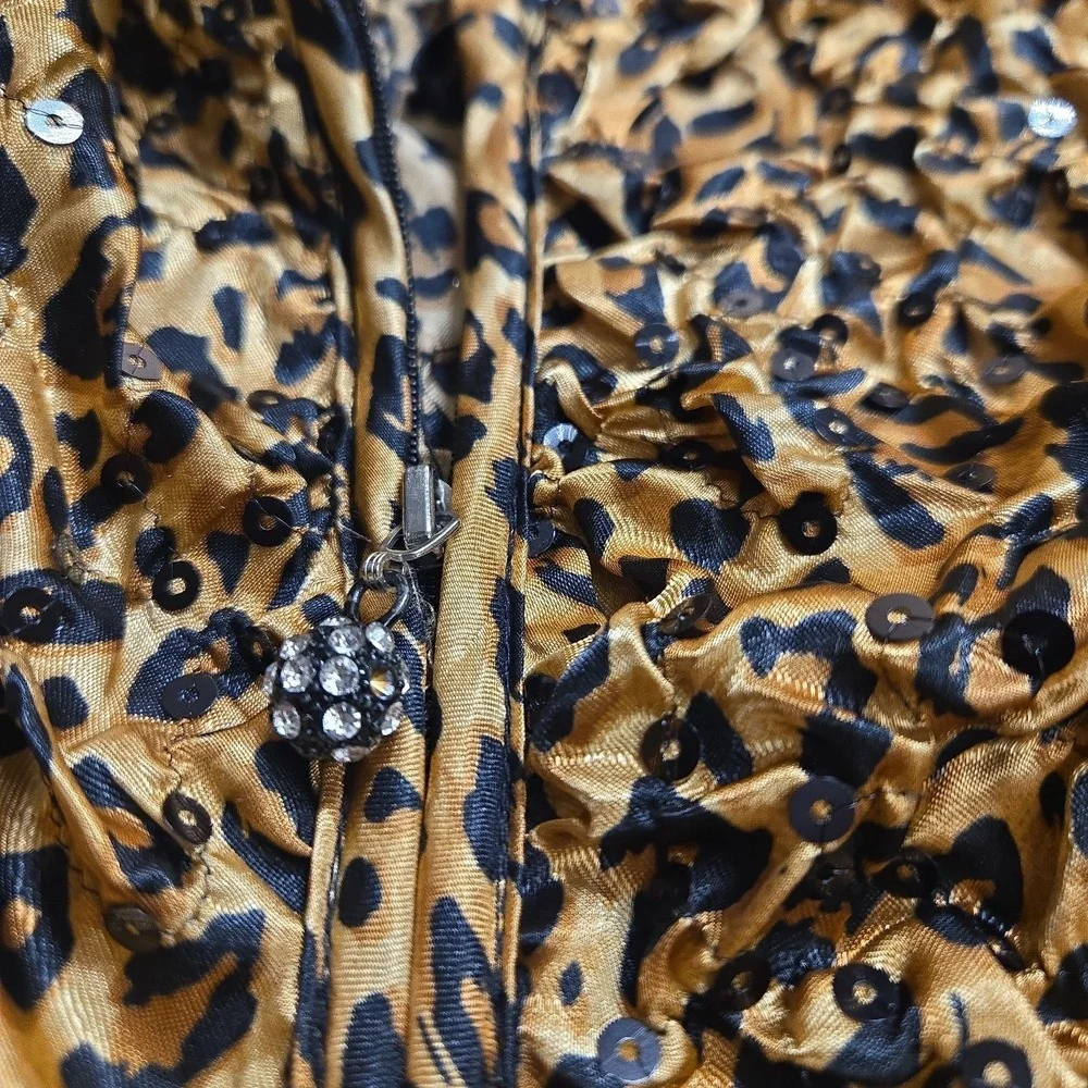 VINTAGE Adressing Woman Jacket Womens L Brown Animal Leopard Print Ruffle Y2K